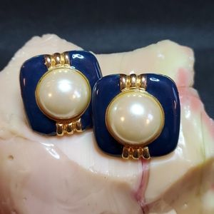 Classic Clip on Earrings ,blue gold with faux pearl